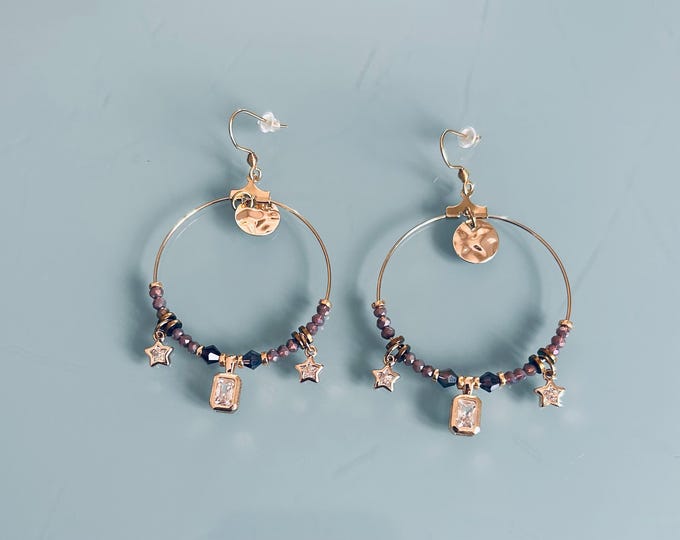 Featured listing image: Bohemian star earrings with pendants, tassels and purple and gold beads, golden creoles, gift idea for women