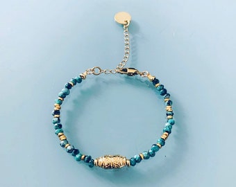 Amulet and Jade bracelet, magic talisman curb bracelet and 24k gold-plated Heishi beads, golden bracelet