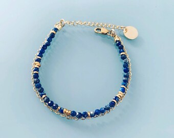 Double Lapis Lazuli bracelet, woman's curb bracelet with natural magic stones and 24k gold plated Heishi pearls