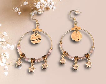 Bohemian star earrings with pendants, tassels and purple and gold beads, golden creoles, gift idea for women