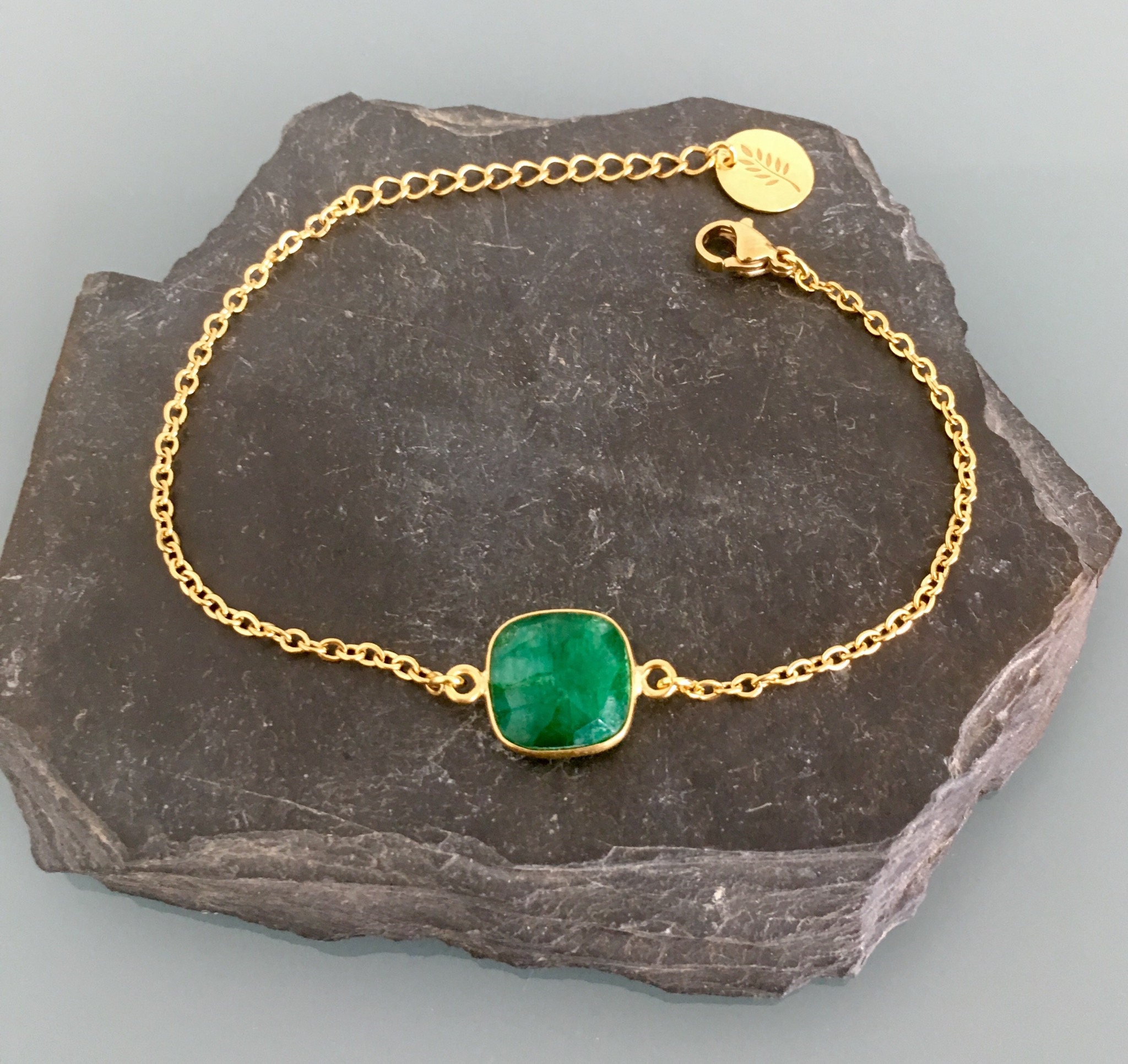 24K Gold Plated emerald Curb Bracelet, Gold Bracelet, Gift Idea
