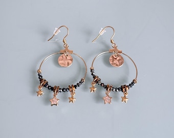 Heishi Creoles, Bohemian Creoles, Golden Creole Earrings and Black Pearls, Women's Jewelry, Gold Creoles, Women's Gift, Women's Jewelry