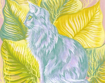 Plant Cat. Fluffy Cat. Pastel Cat. Maine Coon. Surreal Cat. Plant art. Cat art. Illustration. Painting. Wall Art.