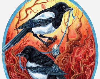 Magpies Corvids Nature Sunrise Art Print Illustratie Schilderij Ei Vogels Mythisch Magisch Surrealistisch