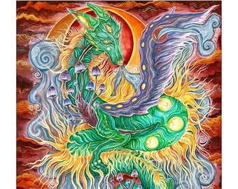 Mythical Dragon Mushroom Illustration. Painting. Archival Print. Magical. Mystical. Surreal.
