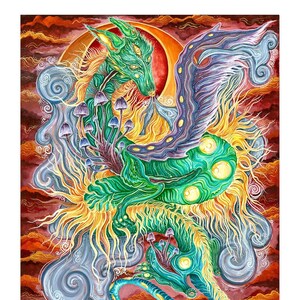 Mythical Dragon Mushroom Illustration. Painting. Archival Print. Magical. Mystical. Surreal. image 1