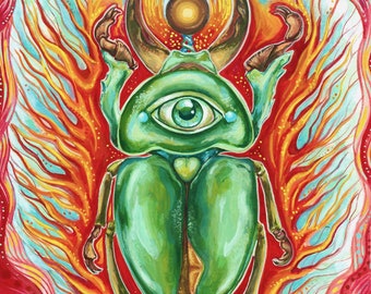 June Beetle Archival Print. Scarab Art. Insect art. Third Eye. Psychedelic art. Surreal Art.Mystical. Magical.