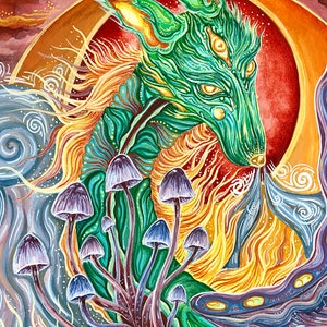 Mythical Dragon Mushroom Illustration. Painting. Archival Print. Magical. Mystical. Surreal. image 2