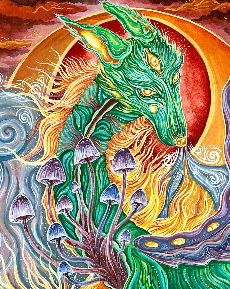 Mythical Dragon Mushroom Illustration. Painting. Archival Print. Magical. Mystical. Surreal. image 2