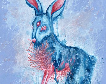 Rabbit Mystical Art Prints. Spirit Animal. Animal Totem. Hare. Surreal. Dark. Esoteric. Spiritual. Painting. Illustration