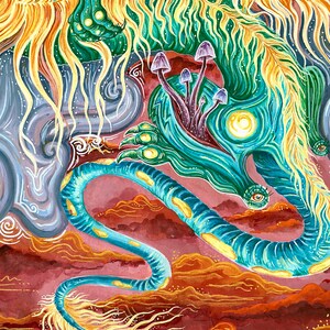 Mythical Dragon Mushroom Illustration. Painting. Archival Print. Magical. Mystical. Surreal. image 3