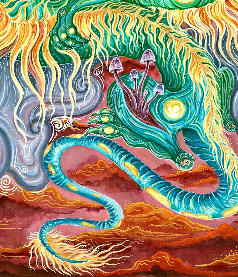 Mythical Dragon Mushroom Illustration. Painting. Archival Print. Magical. Mystical. Surreal. image 3