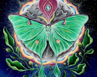 Luna Moth Print.Moon. Mystical.Magical.Spiritual Art.Meditative Art.Visionary.Feminine.Spirit Animal.Moon Guide. Astrology.Symbolism.Surreal