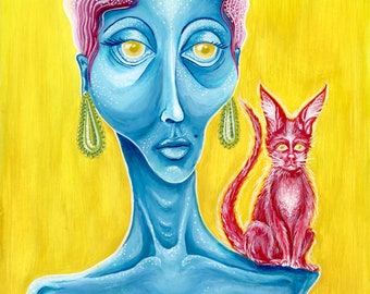 Kat Lady kunstafdrukken. Vrouwelijk. Blauwe vrouw. Surrealistisch. Kleurrijk. Kat. Illustratie. Schilderen. Muur kunst.