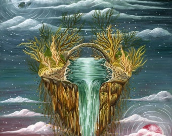 Magical Bridge Art Prints. Floating land. Mystical. Sci-fi.Fantasy. Surreal.Painting.Illustration.Mythical.Esoteric