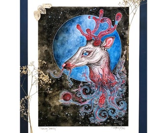 Herten Mystieke Kunst Prints.Reindeer.Esoterische kunst. Painting.Illustration.Magical.Fine Art.Wall Art.Surreal.Animal.Spirit dier.