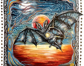 Middernachtvlieger. Full Moon Bat Archief Print