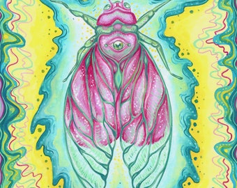 White Ghost Cicada Archival Print. Insect. Third Eye. Surreal. Psychedelic.