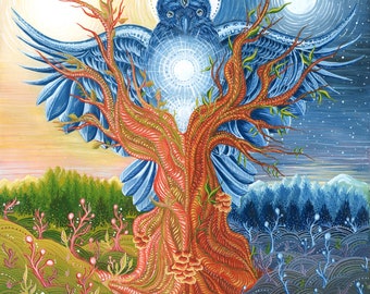 Mystieke Boomvogel. Meditatie Art Prints.Raven.Owl.Nature Illustration.Painting.Wall Art.Fine Art.Esoteric.Spiritual
