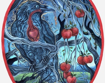 Raven Corvid Apple Tree Art Print Night Sky Mythische Mystieke Surrealistisch