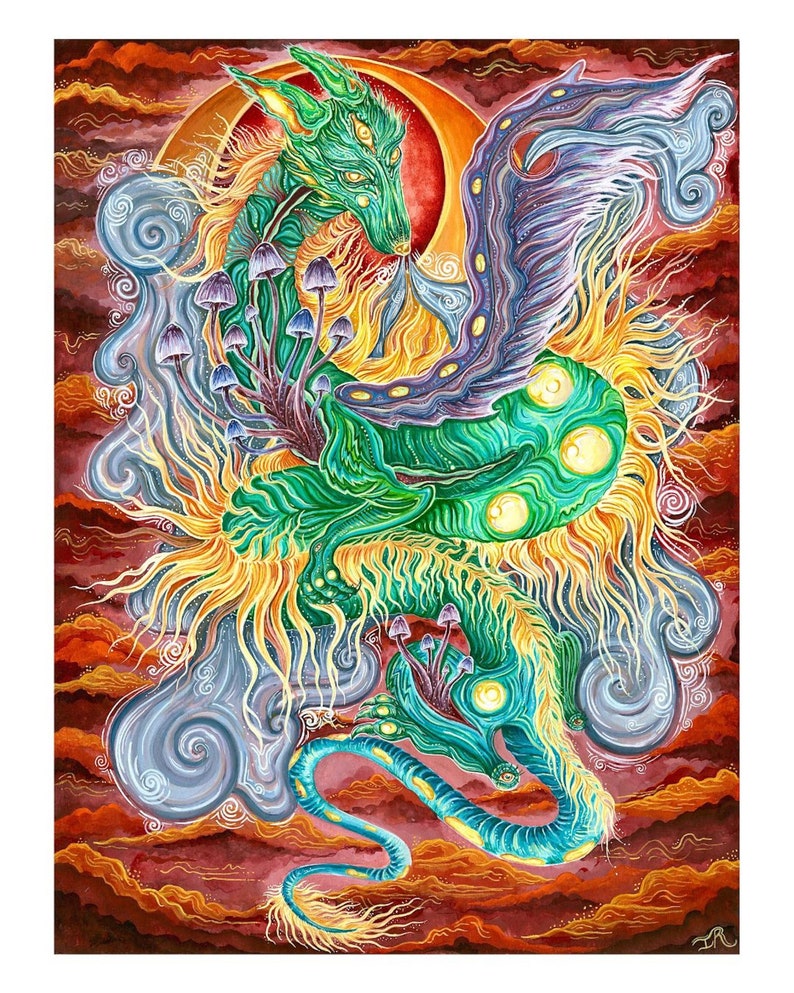 Mythical Dragon Mushroom Illustration. Painting. Archival Print. Magical. Mystical. Surreal. image 1