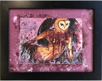 Transformation ORIGINAL PAINTING FRAMED.Barn Owl. Nude Woman.Illustration.Fine Art.Wall Art