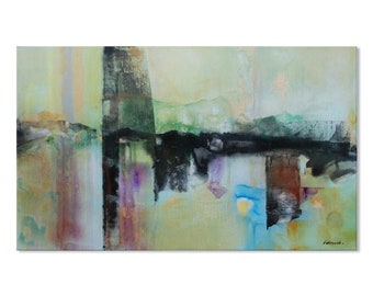 Abstract painting Beige Black Yellow Blue moderne original. Dimensions: 57.5 x 35 inches  (146 x 89 cm)