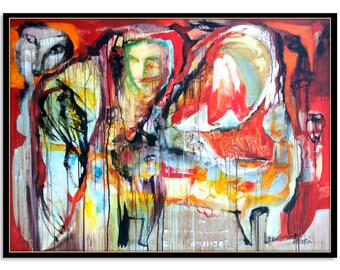 Abstract painting, yellow red black blue, orange, Modern Painting, Fantastic characters 35 x 46 inches