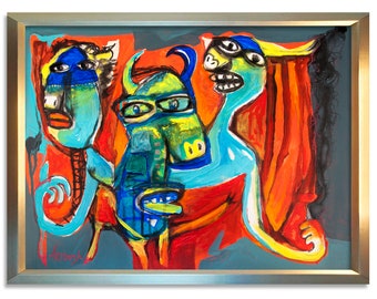 Painting, Abstrct painting, yellow red black blue, orange, Modern Painting, Fantastic characters  18 x 24 inches.