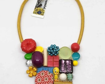 Multicolor choker necklace with medallion various upcycled pieces