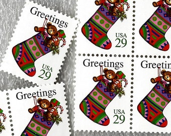 10 Unused Christmas Stocking Postage Stamps, 29 Cents Each, Mail Holiday Cards or Crafts - 20509