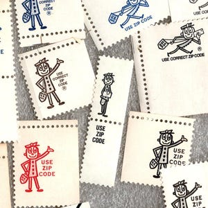 May include: A collection of vintage postage stamps featuring a cartoon character with a mailbag. The stamps are in various colors, including red, blue, and black, with the text "USE ZIP CODE".