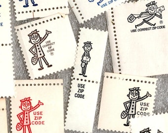25 Vintage Zippy Stamps, Mr. Zip from US Postage Selvage Edge, Junk Journal Supply, Scrapbooking, Mailman Stickers - 19135