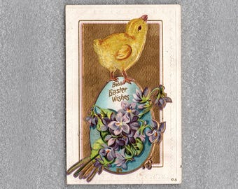 Antique Easter Postcard, Baby Chick on a Blue Egg with Violets, Edward Nash - 19115d