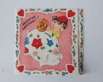 Vintage Valentine's Day Greeting Card, Boy Putting a Penny in a Piggy Bank, Used - 19823b