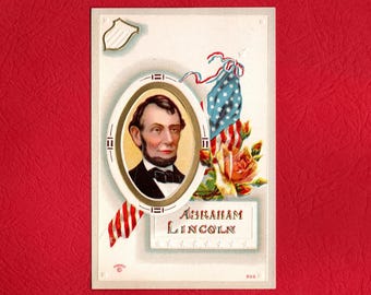 Antique Patriotic Postcard, President Abraham Lincoln with Flag and Rose, Unused - 20131P