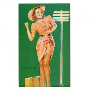 Vintage Gil Elvgren Pin Up Girl, Pretty Lady Hitch Hiking, Knee-ding a Lift, Mutoscope Arcade Card - 16562j