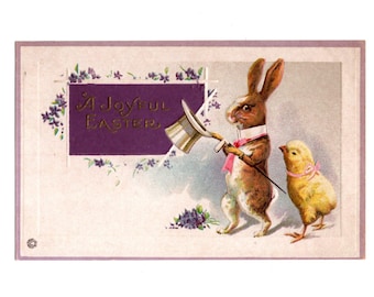Antique Anthropomorphic Easter Postcard, Brown Rabbit, Top Hat and Cane, Yellow Chick - 19493c
