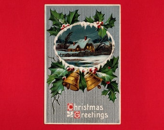 Antique Christmas Postcard, Snowy Winter Cottage Scene with Bells and Holly - 19322c