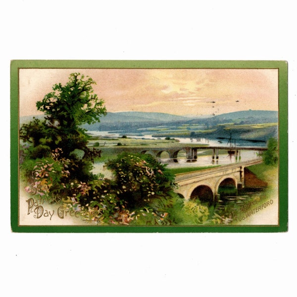 Antique 1910 St. Patrick's Day Postcard, Bridges at Cappaquin, County Waterford Ireland, Used - 18490