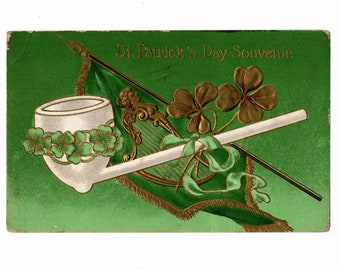 Antique St. Patrick's Day Postcard, Clay Pipe with Shamrocks, Irish Flag, Embossed Used - 18342