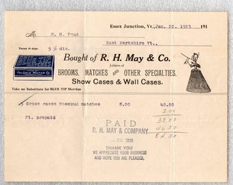 1923 Essex Junction Vermont Roma H. May Store Illustrated Billhead, Business Stationery - 19583a