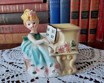 Vintage Rubens Originals Planter, Girl in Teal Green Dress Playing the Piano, 4115 Made in Japan - 20357
