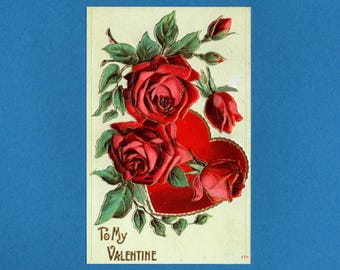 Antique Valentine's Day Postcard, Red Roses and a Heart, Fine Quality Card - 19533b
