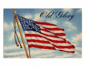 Vintage Old Glory US Patriotic Postcard, American Flag in the Sky, Unused Linen - 20123
