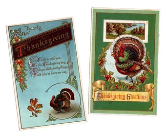 2 Antique Thanksgiving Postcards, Big Tom Turkey, Posted Creased Scatter Cards - 20503