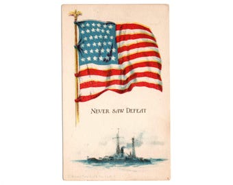 Antique Patriotic Military Postcard, Flag and Ship, Never Saw Defeat, Made in USA - 20283
