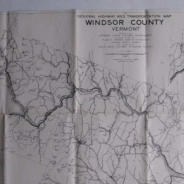 Vintage 1947 Windsor County, Vermont Highway and Transportation Map, 18" x 27" Wall Decor, Plymouth, Pomfret, Chester, Bethel - 16948d