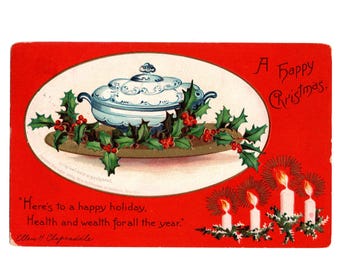 1907 Signed Ellen H. Clapsaddle Christmas Postcard, Blue and White Soup Tureen, IAPC - 19377b
