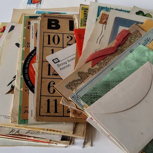 50 Pieces of Vintage Paper Ephemera Pack, Postcards Envelopes, Stamps, Recipes, Random Book Pages, Inspiration Bundle - 15138